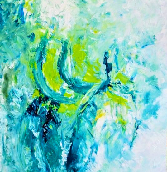 oil on wood, painting, sea, dolphins, bliss, happiness, freedom, beauty, green, blue, white, Aquarian age